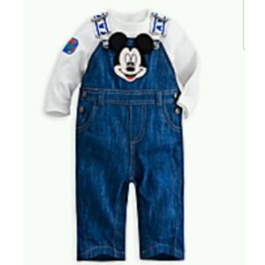 Disney Mickey Mouse Blue Denim Overalls + Shirt Baby Kids New 18-24M